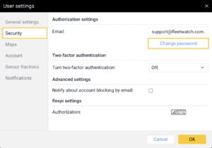 User Settings - Security Tab - Fleet Watch